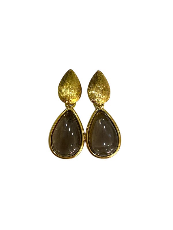 Brinco Folhado á Ouro Pedra Natural Ágata Fumê