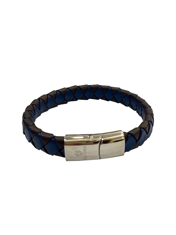 Pulseira de Couro Marrom e Azul com Feicho Ima Prata 22cm - Convex