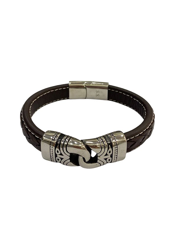 Pulseira de Couro Marrom com transado na parte superior, feicho Ima Prata 22cm - Convex