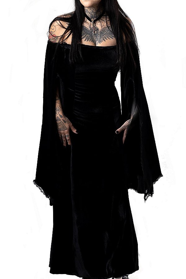 Vestido Longo Veludo Preto Morticia