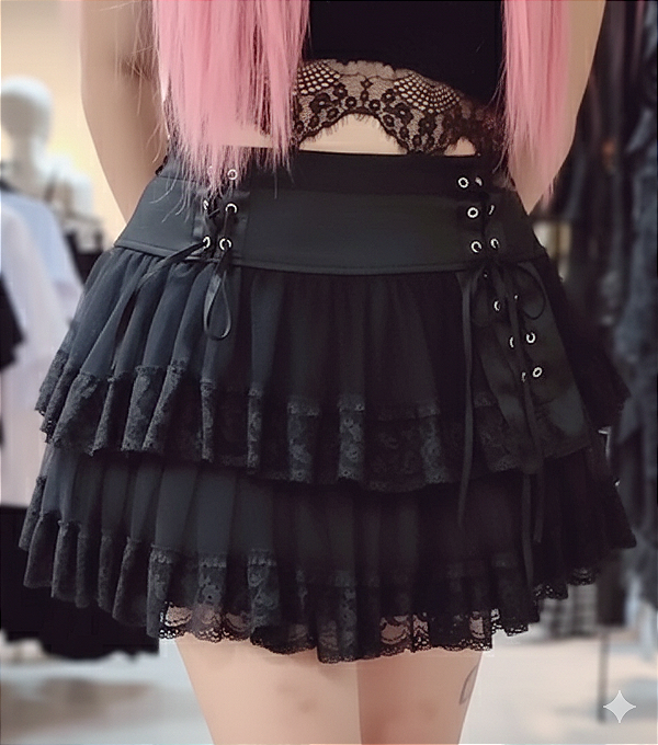 Saia Babado Preto Sakura