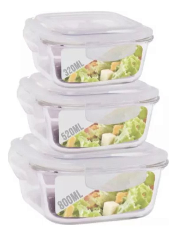 Conjunto 3 Pote Vidro Hermético 3 Tamanho Marmita Kit Quadra
