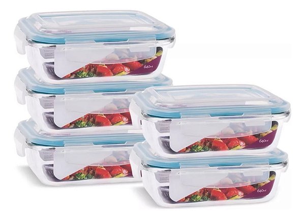 Conjunto 5 Potes Vidro Hermético Marmita Mantimentos 640ml