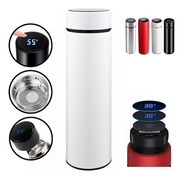 Garrafa Térmica Em Aço Inox Com Termômetro Led Digital 400ml Cor: Branco