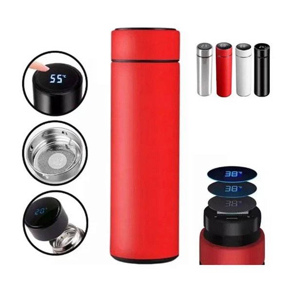 Garrafa Térmica Em Aço Inox Com Termômetro Led Digital 400ml Cor: Vermelho