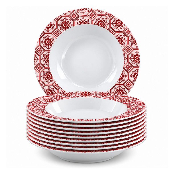Jogo de 12 Pratos Fundo Melamina 25cm Vermelho Hotel Buffet