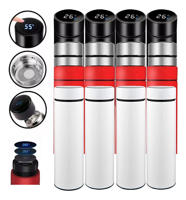 Kit 12 Garrafas Térmicas Aço Inox Termômetro Led Digital