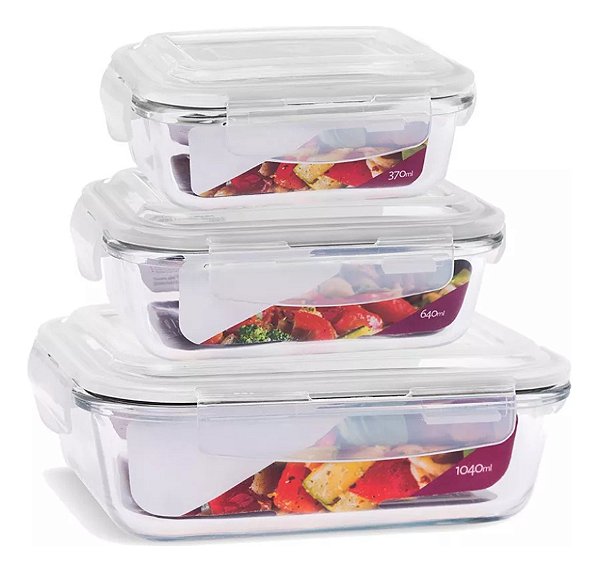 Kit 3 Potes Vidro Hermético Marmita Fitness 370 640 1040 ml