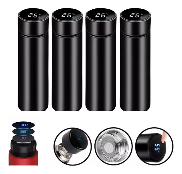 Kit 4 Garrafas Térmica Aço Inox Termômetro Led Digital 400ml