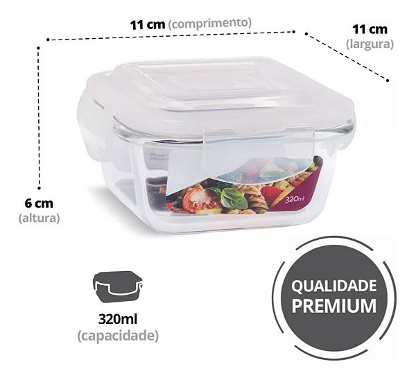 Kit 5 Potes Vidro Hermético Trava Quadrado 320ml Marmita