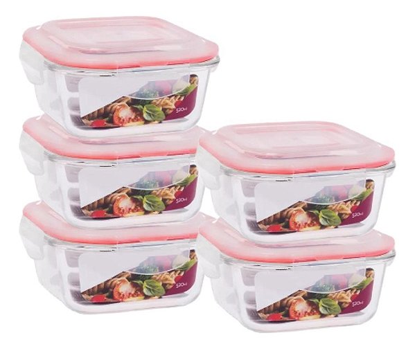 Kit 5 Potes Vidro Hermético Trava Quadrado 520ml Marmita