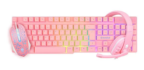 Kit Gamer Evolut EG-53 Teclado, Mouse, Headset Rosa