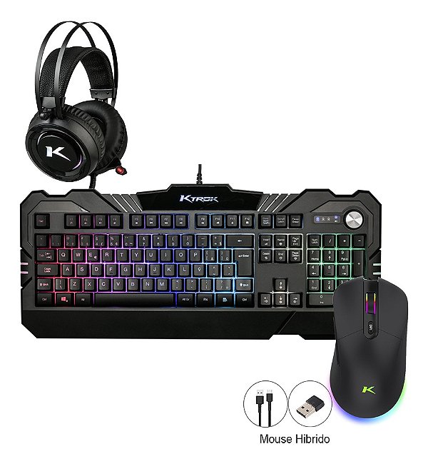 Kit Gamer Mouse sem fio Teclado Semi Mecanico e Headset RGB