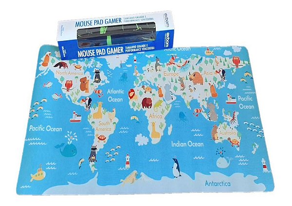 Mouse Pad Gamer Extra Grande Mapa Mundi Animais 700x350x3mm