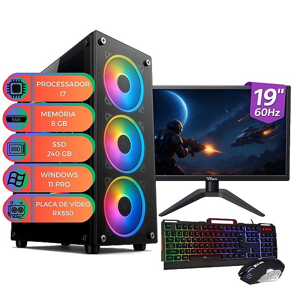 Computador Pc Gamer Up Starter Pro Intel I7 8GB SDD 240 GB Placa de Vídeo RX550 Kit Gamer Teclado Mouse Monitor19 Win11