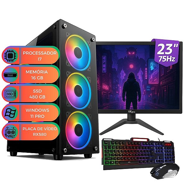 Computador Gamer Up Starter Pro V.2 I7 16GB SSD 480 GB Placa de Vídeo RX580 Monitor 23" Win 11 Pro Teclado e Mouse