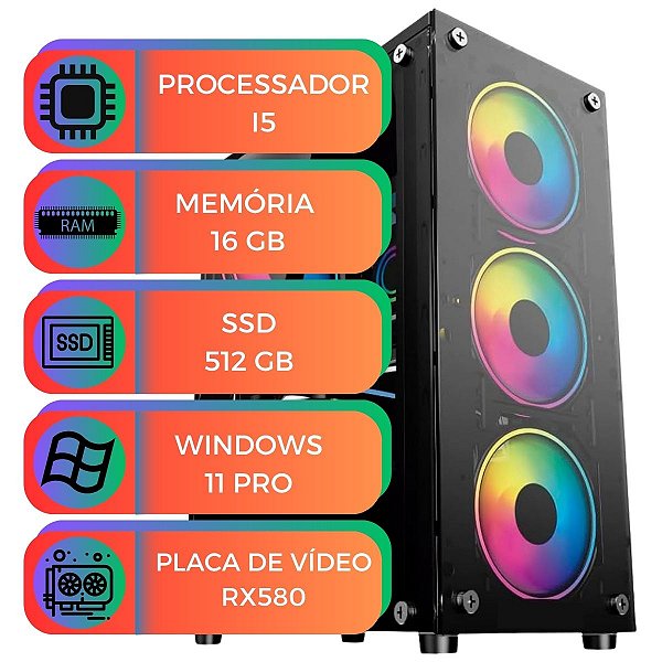 Computador Gamer I5 16GB SSD 512GB NVMe RX580 Win 11 | Ideal p/ Streaming, Jogos e Conteúdo em Alta Qualidade