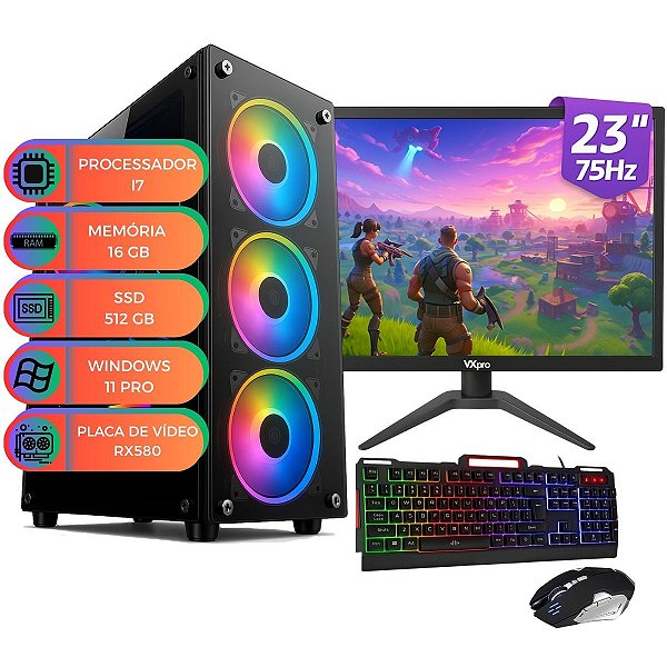 PC Gamer Up Starter Max V.2 I7 16GB SSD 512GB RX580 + Monitor 23" Full HD Ideal para Jogos e Streaming Fluido