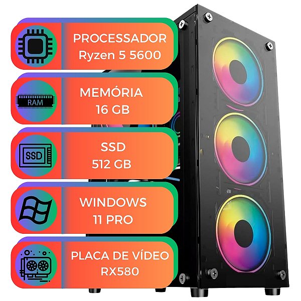 PC Gamer MultiPc Ryzen 5 5600 16GB RAM 512GB RX580 DDR5 W11