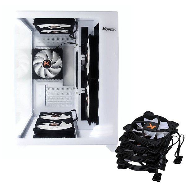 Gabinete Gamer Aquário Cubo Branco Lateral e Frente Vidro + Kit 4 Cooler Fans RGB Ktrok 120X120mm Silencioso 1200 RPM