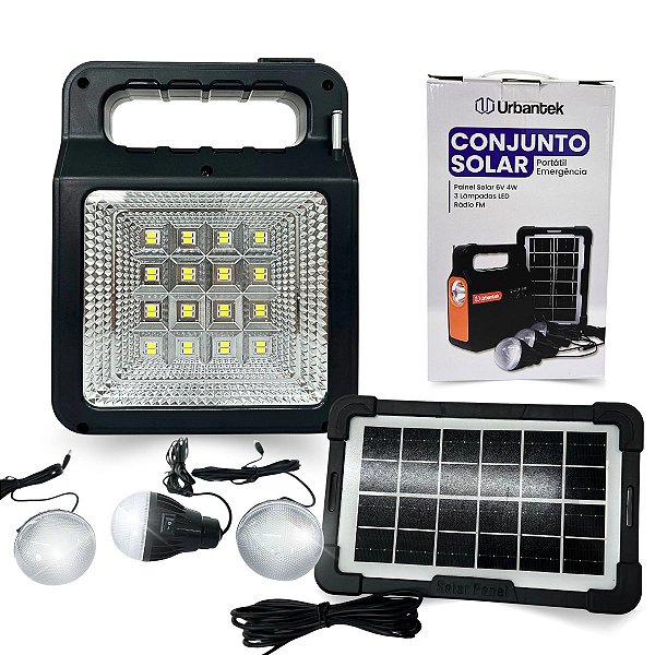 Conjunto Solar Portátil de Emergência C/ Painel Solar 6V 4W, 3 Lâmpadas LED e Rádio FM Urbantek