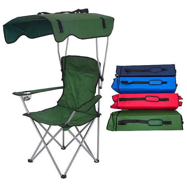 Cadeira Camping Praia Pesca Portátil Dobrável Com Teto e Porta Copos Suporta até 150Kg