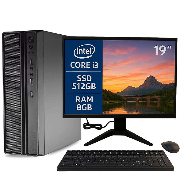 Computador Slim Intel i3 6ª Geração Ram 8GB SSD 512GB Windows 11 Completo Monitor 19" e Kit Office