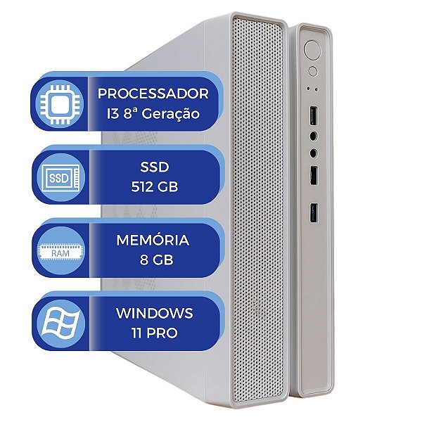 Computador MultiPC Slim Branco i3 8ª Geração RAM 8GB SSD 512GB Windows 11 Rápido e Compacto