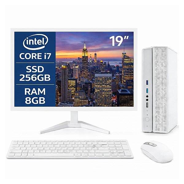 Computador Slim Branco Completo Com Placa de Vídeo GT730 Core I7 RAM 8GB SSD 256GB Win 11 + Monitor 19" Teclado e Mouse