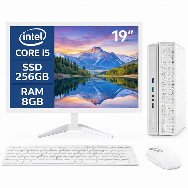 Computador Completo Slim Branco I5 8ª Geração 8GB SSD 256GB Windows 11 + Monitor 19" e Kit Office