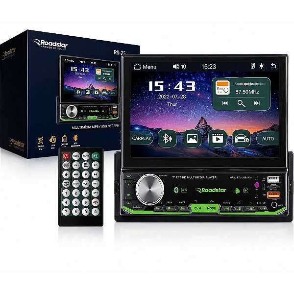 Multimídia MP5 1 DIN Roadstar Tela 7" CarPlay Android Auto Bluetooth
