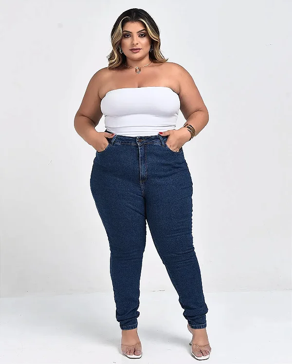 Calça Jeans Feminina Mom Plus Size Básica com Elastano 00229 Escura 002292012