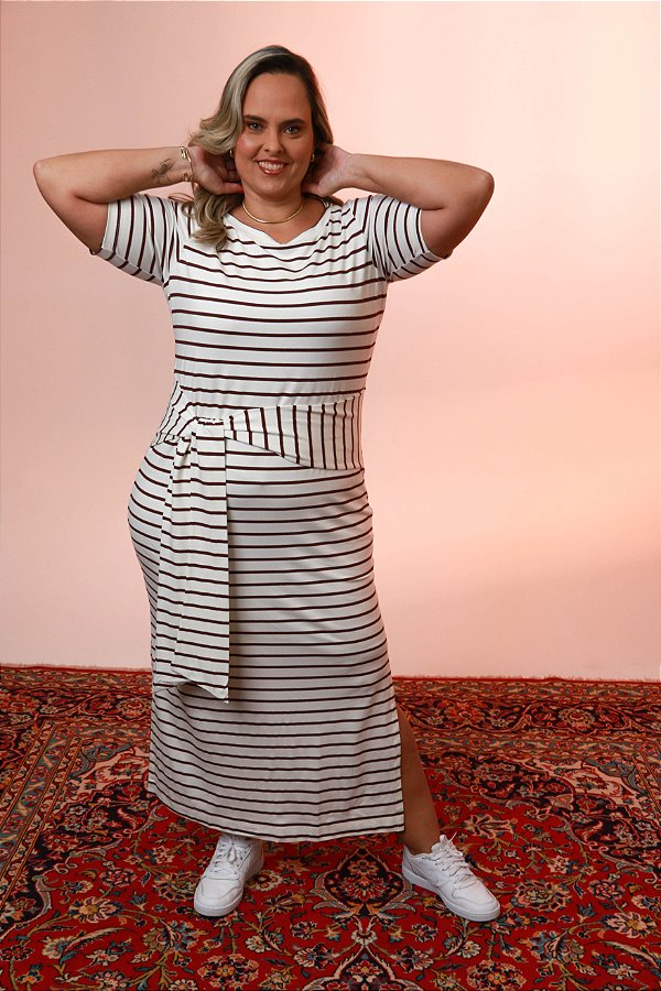 VESTIDO LISTRADO MIDI COM FAIXA 5007