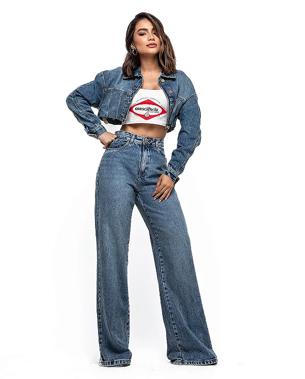 Calça Jeans Feminina Wide Leg Básica Cintura Alta Sujinha 24578