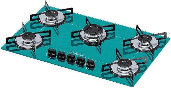 Cooktop 5 Bocas Chamalux Ultra Chama Verde Água | Bivolt | Trempes de Chapa | Vidro Temperado