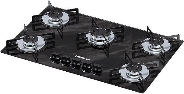 Cooktop 5 Bocas Chamalux Ultra Chama Mármore Preto | Bivolt | Vidro Temperado | Trempes de Chapa