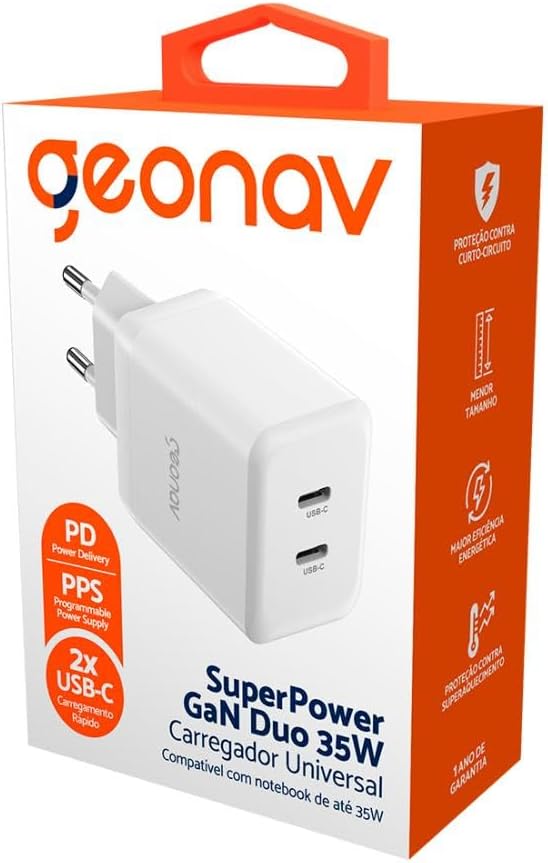 Geonav Carregador Universal SuperPower GaN Duo, 35W, 2 X USB-C Power Delivery, CH35PDWT, Branco