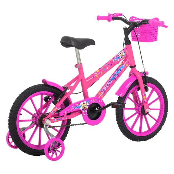Bicicleta Aro 16 Free Action Kiss com Cesta Rosa Chicle