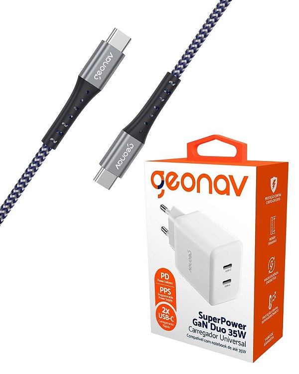 Kit Carregador 35w Turbo + Cabo Lightning Usb-c para Usb-c Kevlar 2m Geonav