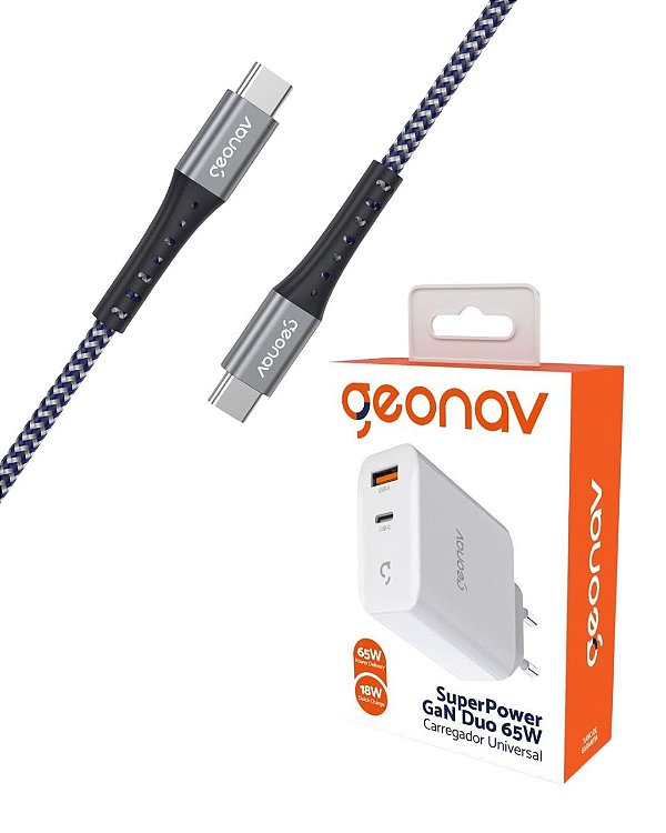 Kit Carregador Turbo duplo 65w + Cabo USB-C para USB-C Kevlar Geonav