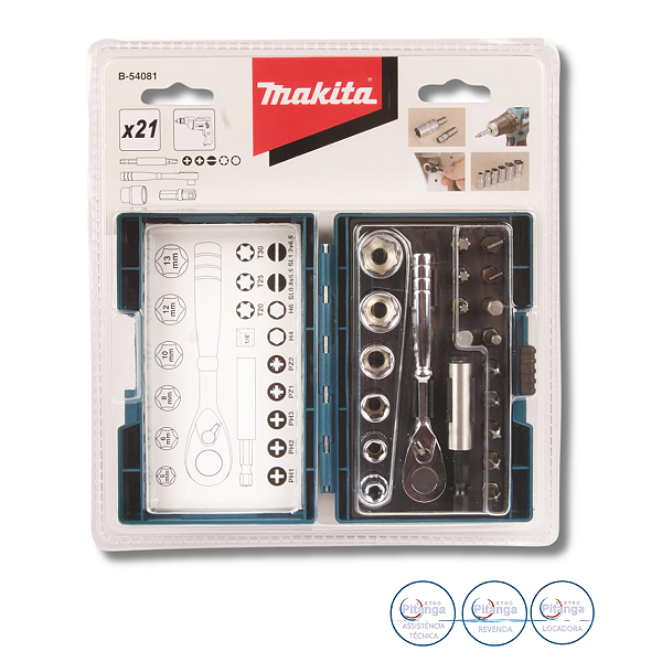 JOGO DE PONTAS BITS E SOQUETES 21 PEÇAS MAKITA COM MINI CHAVE CATRACA - B-54081