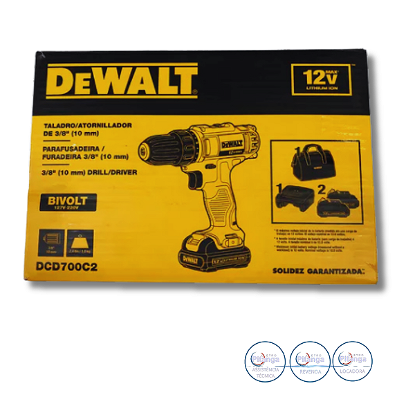 PARAFUSADEIRA DEWALT DCD700C2  3/8 10MM. 12V BIVOLT - 1 CARREGADOR + 2 BATERIAS + BOLSA LONA