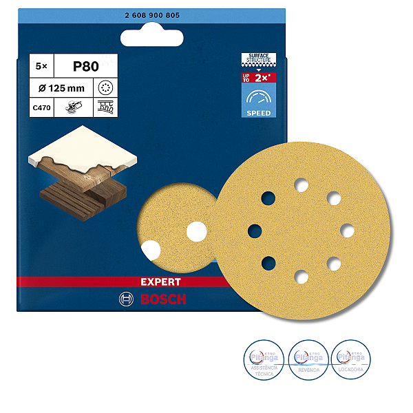 05 DISCOS DE LIXA 125MM GRÃO 80 BOSCH - 2 608 900 805