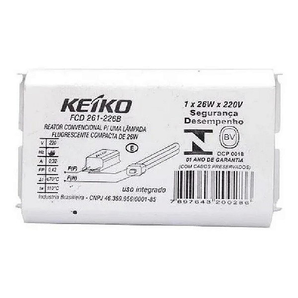 Reator convencional 1 x 26w 2p 220v keiko fcd 261-226b