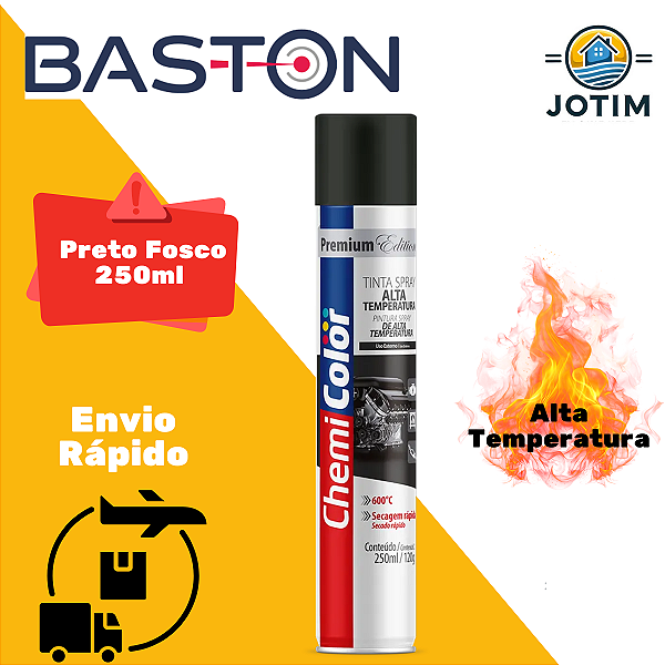 Tinta Spray Baston Alta Temperatura Preto Fosco 250ml