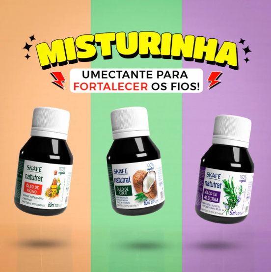 Kit 3 em 1 Umectação Capilar Explosivo: Óleo de Alecrim; Óleo de Coco; Óleo de Rícino Natrutat 60ml