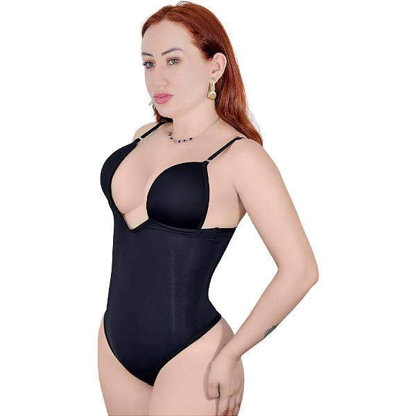 Body Fio Decote Em V Efeito Silicone Tecido Média Compressão