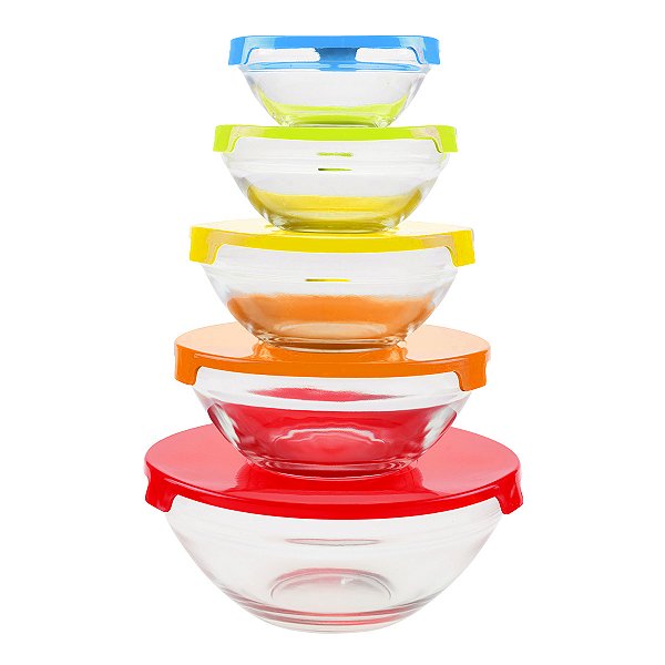 Jogo 5 Potes Tigelas Vidro Tampas Plásticas Coloridas- Dolce Home