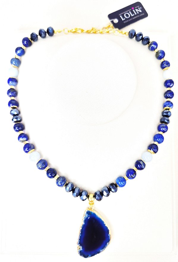 Colar de Pedra Natural Lápis Lazúli, Quartzo Azul com Pingente em Ágata Azul  e banhado em Ouro 18K