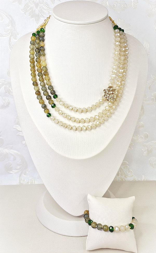 Conjunto de Pedra Natural Quartzo Verde com Pingente em banhado em Ouro 18K